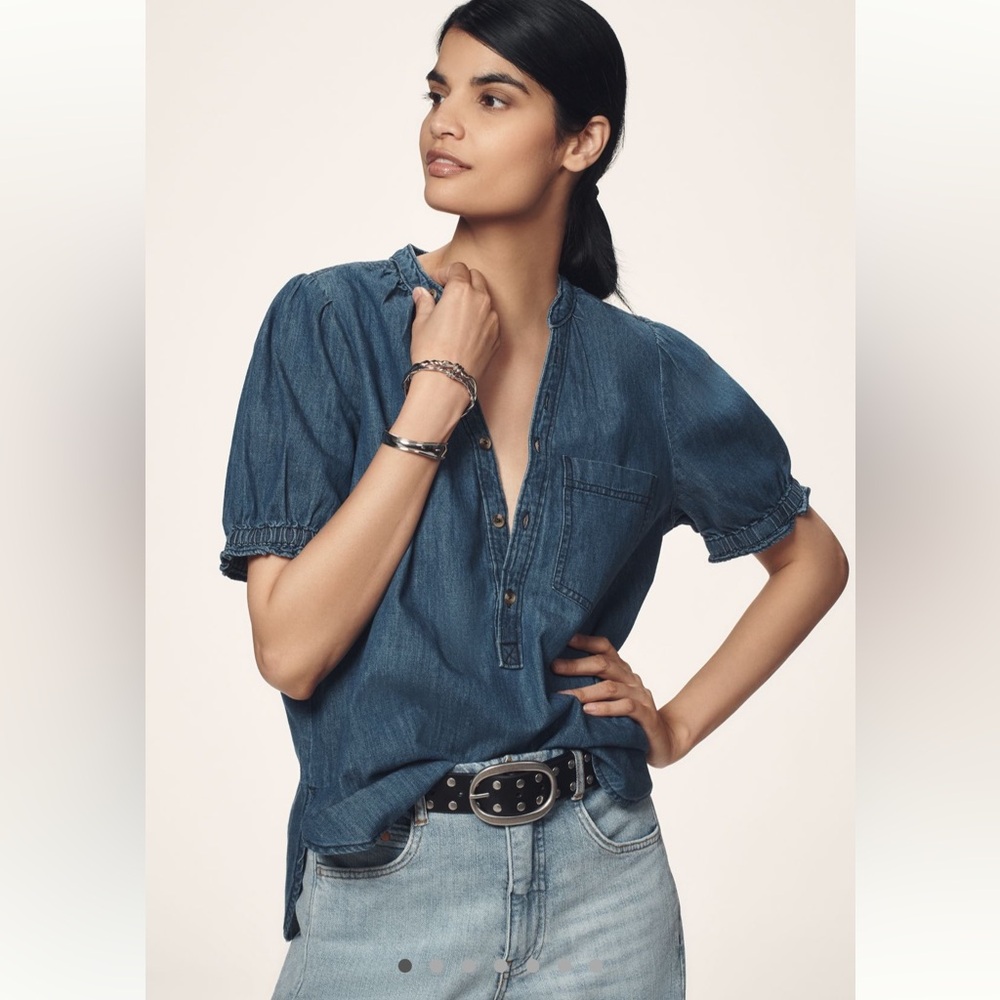 The Aly Denim Puff-Sleeve Blouse by Pilcro